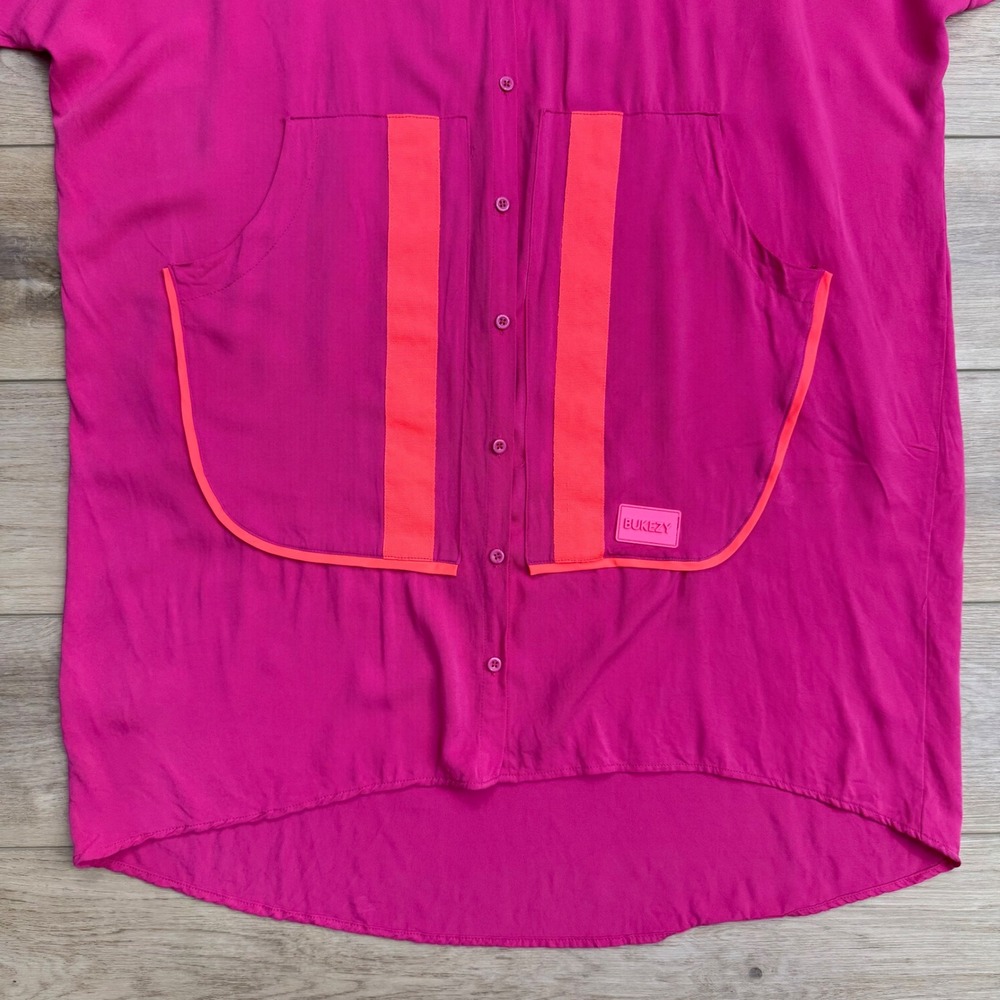 BUKEZY Pink Neon Trim Oversized Shirt Dress Tunic Button Down Streetwear - Picture 2 of 11